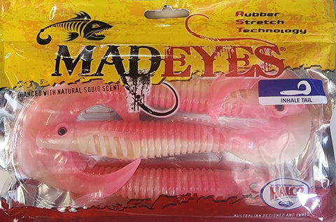 Halco Mad Eyes Inhale Tail 8" Soft Plastic 3pcs Pink Glow