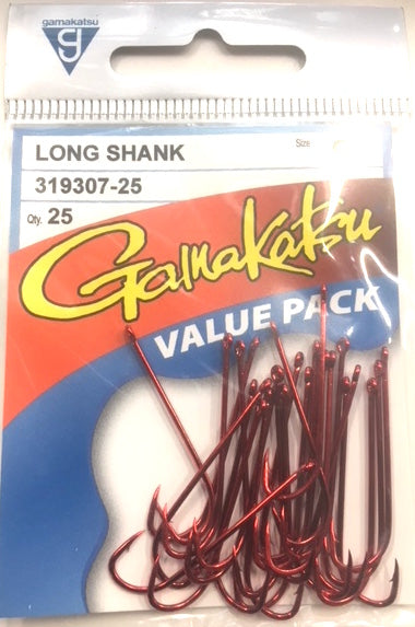 Gamakatsu Long Shank Red Hook Value Pack Size 4, 25 Pieces – Mid