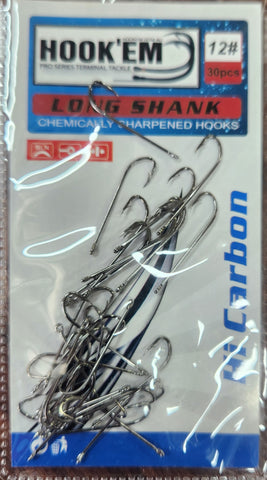 Hookem Long Shank Black Fishing Hook Pack Size 12, 30 Pieces