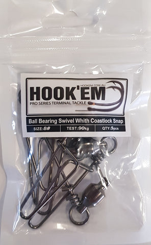 HookEm  Ball Bearing Swivel with Coastlock Snap size 8 90kg 5pcs