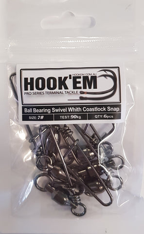 HookEm  Ball Bearing Swivel with Coastlock Snap size 7 90kg 6pcs