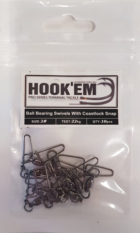 HookEm  Ball Bearing Swivel with Coastlock Snap size 2 22kg 10pcs