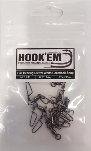 HookEm  Ball Bearing Swivel with Coastlock Snap size 1 14kg 10pcs