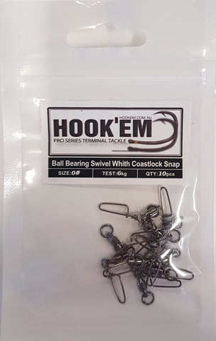 HookEm  Ball Bearing Swivel with Coastlock Snap size 0 6kg 10pcs