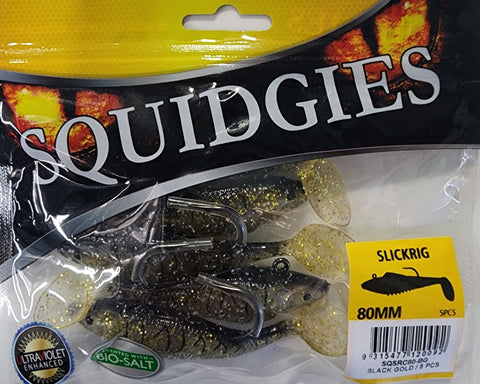Squidgy Slickrig Light 80mm Soft Plastic - Black Gold SQSRC80-BG